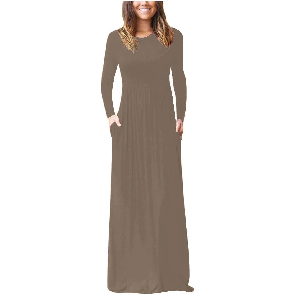 Elegant Floor-Length Round Neck Pocket Dress for Autumn/Winter