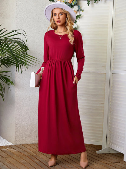 Elegant Floor-Length Round Neck Pocket Dress for Autumn/Winter