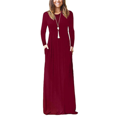 Elegant Floor-Length Round Neck Pocket Dress for Autumn/Winter