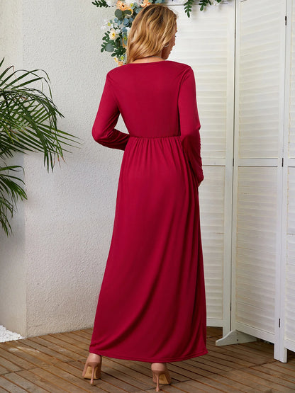 Elegant Floor-Length Round Neck Pocket Dress for Autumn/Winter