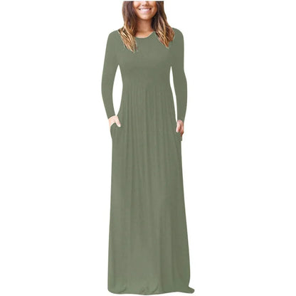 Elegant Floor-Length Round Neck Pocket Dress for Autumn/Winter