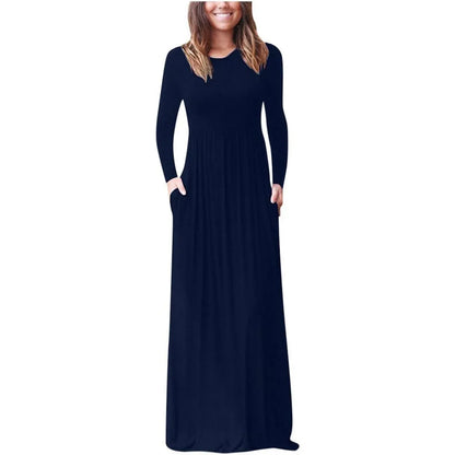 Elegant Floor-Length Round Neck Pocket Dress for Autumn/Winter