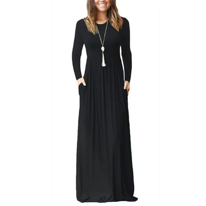 Elegant Floor-Length Round Neck Pocket Dress for Autumn/Winter